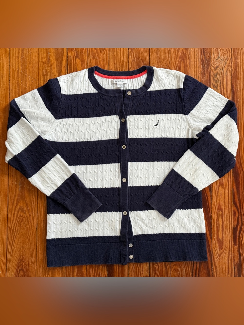 Nautica Navy White Striped Cable Knit‎ Cardigan Sweater Size Large